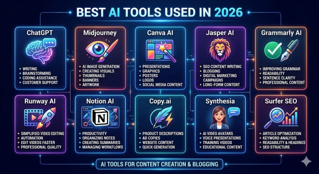 A vibrant 2x5 grid infographic titled "BEST AI TOOLS USED IN 2026" featuring ten neon-bordered boxes against a dark background. Each box showcases a specific AI tool (ChatGPT, Midjourney, Canva AI, Jasper AI, Grammarly AI, Runway AI, Notion AI, Copy.ai, Synthesia, and Surfer SEO) paired with a unique illustrative icon and a bulleted list of its key functions.
