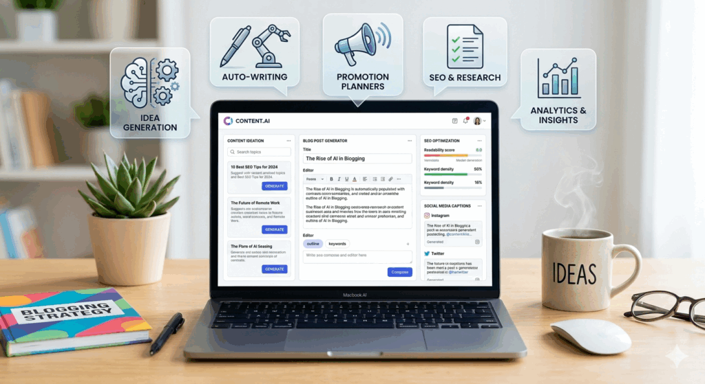 An image showing an open laptop on a wooden desk displaying an AI dashboard interface labeled "CONTENT.AI." Above the laptop, five floating icon badges highlight core features: Idea Generation, Auto-Writing, Promotion Planners, SEO & Research, and Analytics & Insights. The software on screen includes modules for content ideation, a blog post editor, SEO optimization scores, and social media caption tools. A "Blogging Strategy" notebook, a small succulent plant, a pen, eyeglasses, a mouse, and a steaming coffee mug reading "IDEAS" sit around the computer