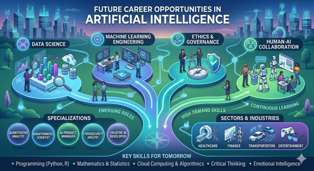 An infographic titled "Future Career Opportunities in Artificial Intelligence" showcasing career paths, skills, and industry sectors with a futuristic city skyline background.