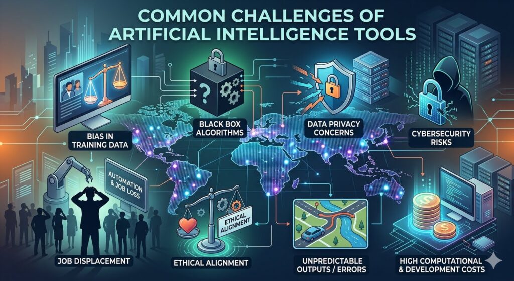 An infographic titled "Common Challenges of Artificial Intelligence Tools" on a dark, digital world map background. It highlights eight key challenges with futuristic icons and text labels: Bias in Training Data, Black Box Algorithms, Data Privacy Concerns, Cybersecurity Risks, Job Displacement, Ethical Alignment, Unpredictable Outputs / Errors, and High Computational & Development Costs.
