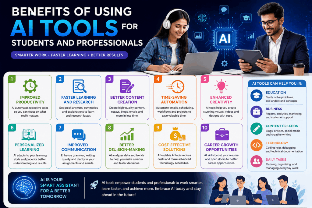 “Infographic showing the benefits of using AI tools for students and professionals, including productivity, faster learning, automation, creativity, communication, career growth, and smart digital technology.”