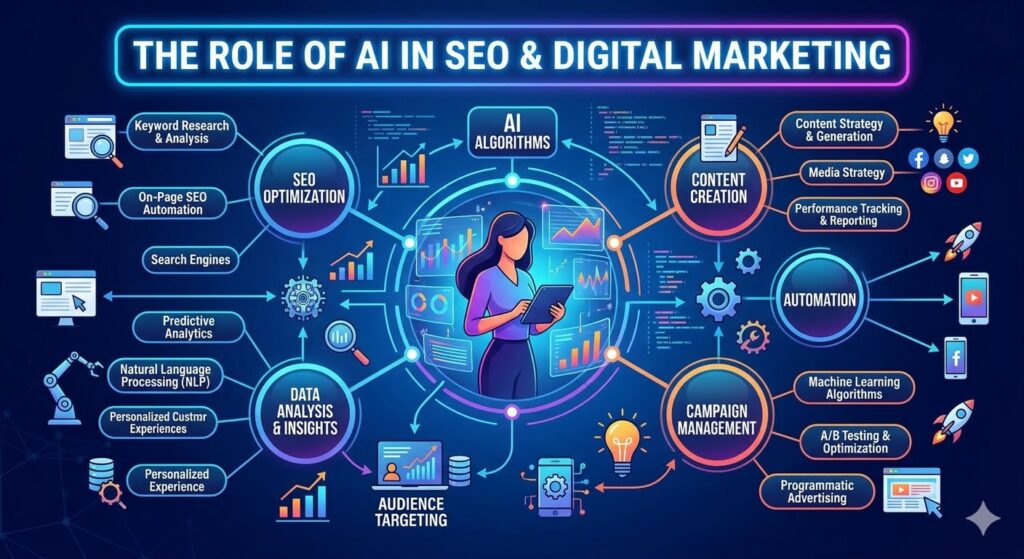 An infographic detailing the role of AI in SEO and digital marketing, featuring a central female marketer surrounded by data dashboards and branching nodes for SEO optimization, content creation, data analysis, automation, and campaign management.
