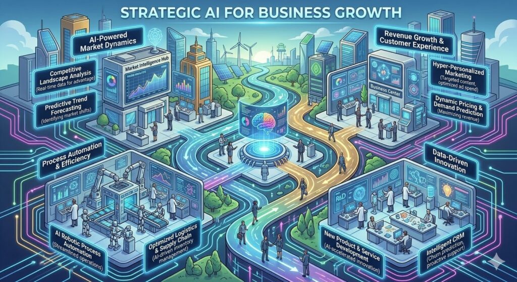 An infographic titled "STRATEGIC AI FOR BUSINESS GROWTH" illustrates how companies leverage artificial intelligence across market dynamics, customer experience, process automation, and data innovation.