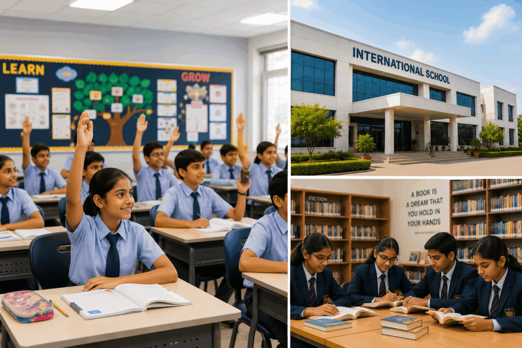 “Students learning in a modern Hyderabad school classroom with raised hands, a contemporary international school building, and students studying together in a library, representing quality education and academic excellence.”