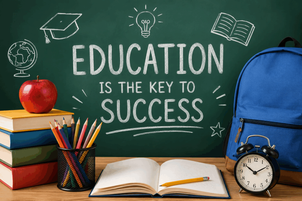 Education classroom setup with books and school supplies