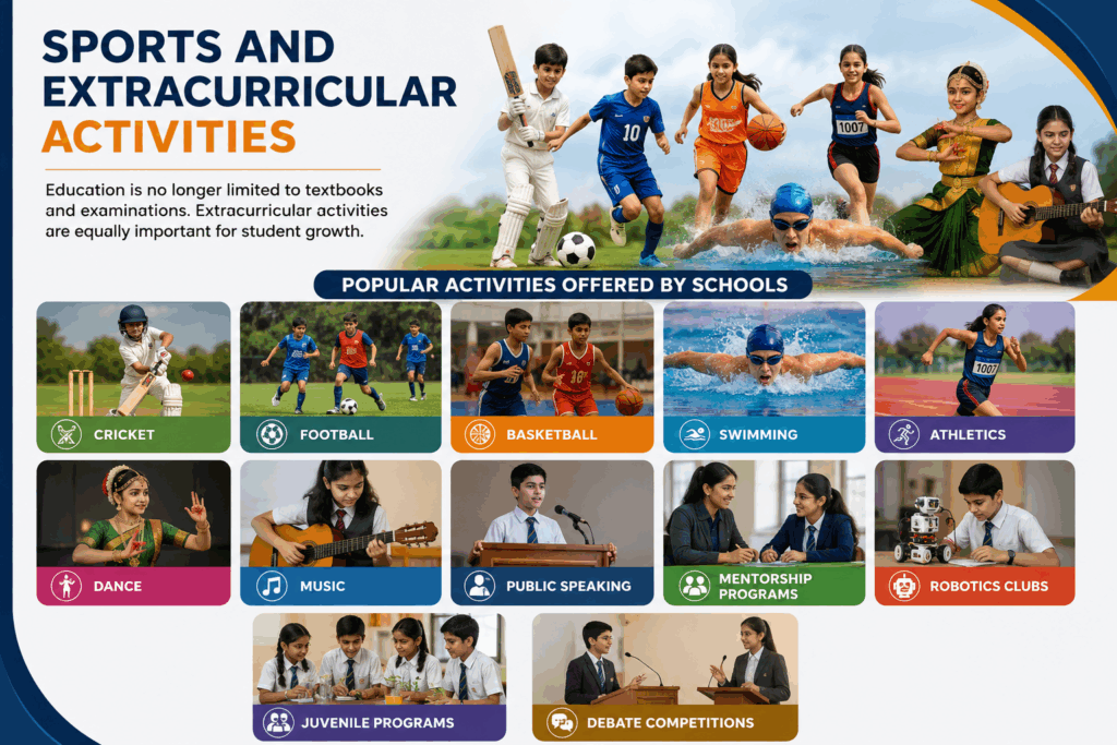 Best Schools in Hyderabad: Parent Guide for 2026 **"Students participating in sports, arts, music, robotics, and leadership activities that support overall growth and development."**
**"School extracurricular activities including cricket, football, basketball, swimming, dance, music, public speaking, and robotics."**